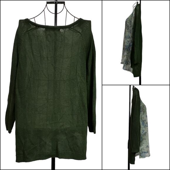 Zara Knit Floral Chiffon Sweater Tunic High Low Split Hem Long Sleeves Green - Picture 2 of 12